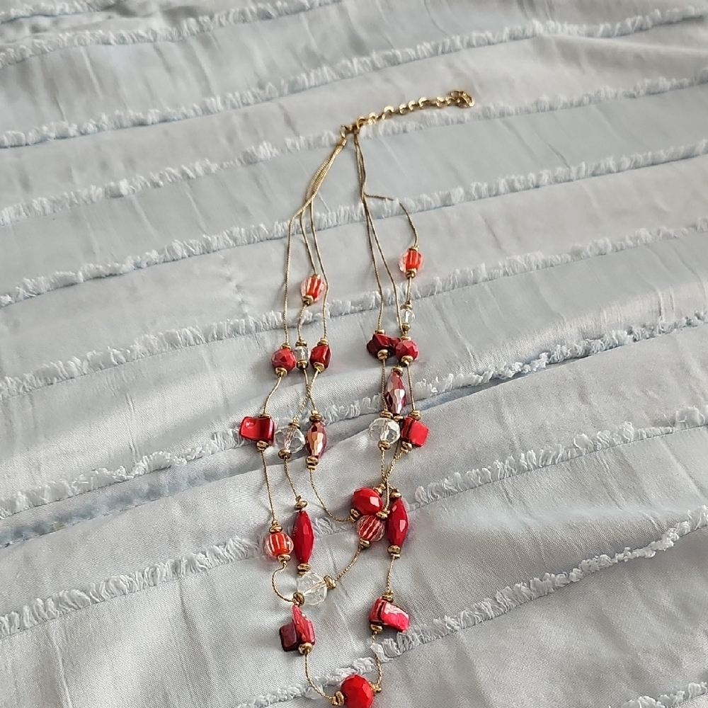 Red and Gold Floral Cascade Necklace